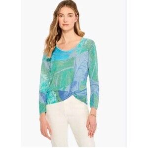 NIC + ZOE Sweater Womens Large Blue Green Full Bloom Twist Linen Blend  NWT